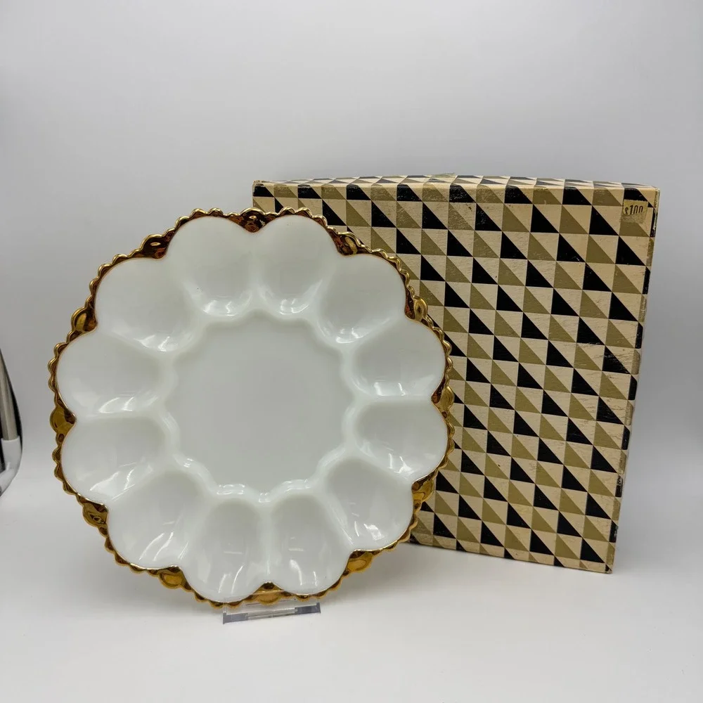 Vtg Anchor Hocking White Milk Glass Deviled Egg Platter Plate 22K Gold Rim w/Box